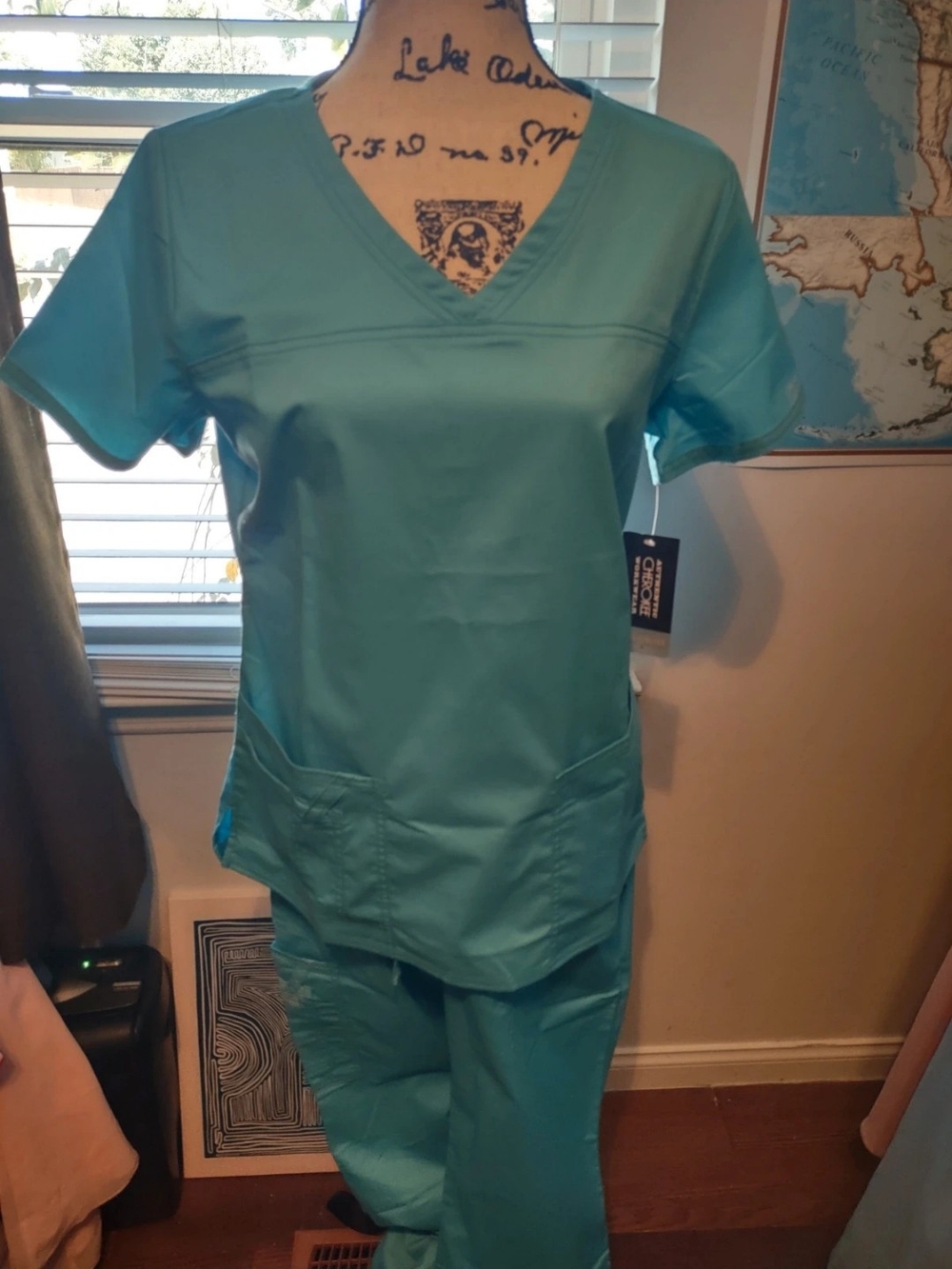 Cherokee Teal V-Neck Scrub Top and Pants